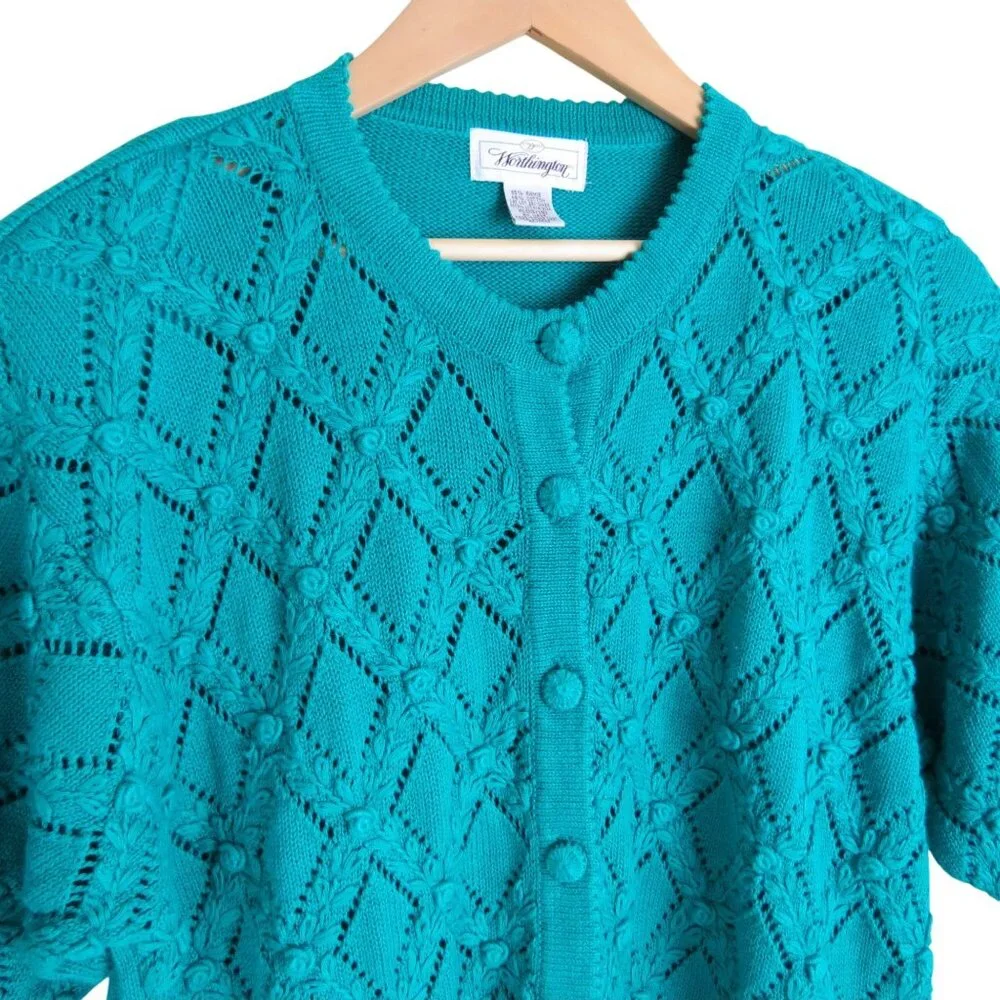 Vintage WORTHINGTON Women's Teal Green Rose Short Sleeve Cardigan Sweater XL